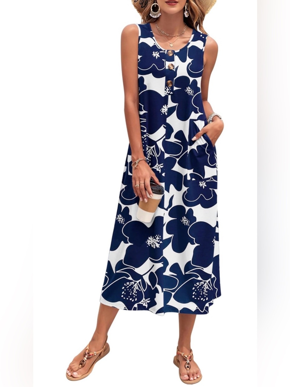 NWT Sleeveless Navy & White Floral Midi Dress with Pockets, Medium